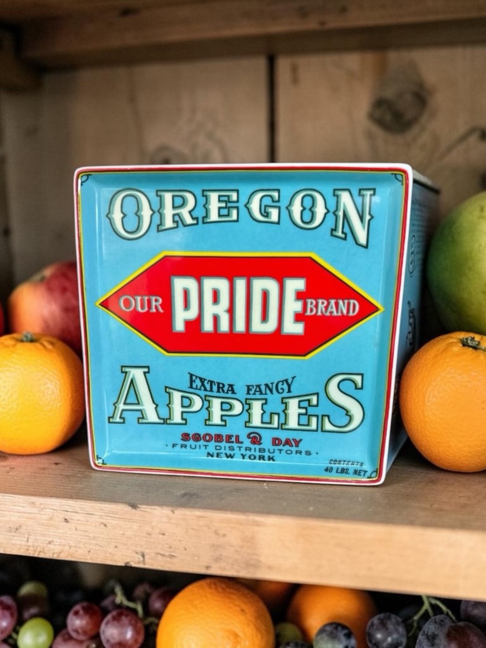 Rare Rosanna Vintage Fruit Crate Label Oregon Apple Porcelain Square Plate Used